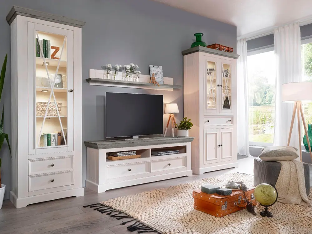 Тумба Форест под ТВ с 2-я ящиками белый воск/серый