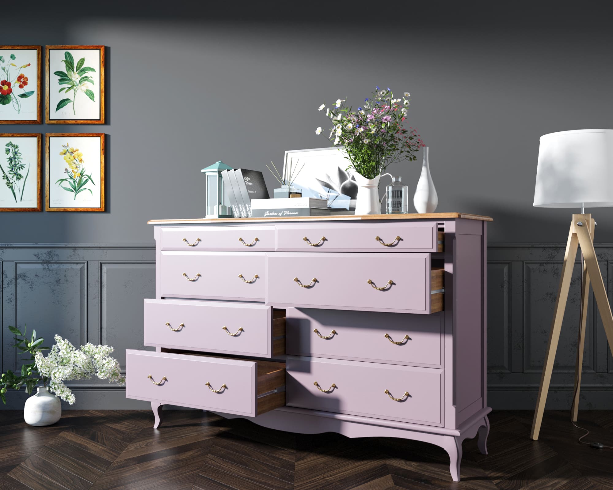 Комод массив Leontina Lavanda на восемь ящиков арт ST9316/2L