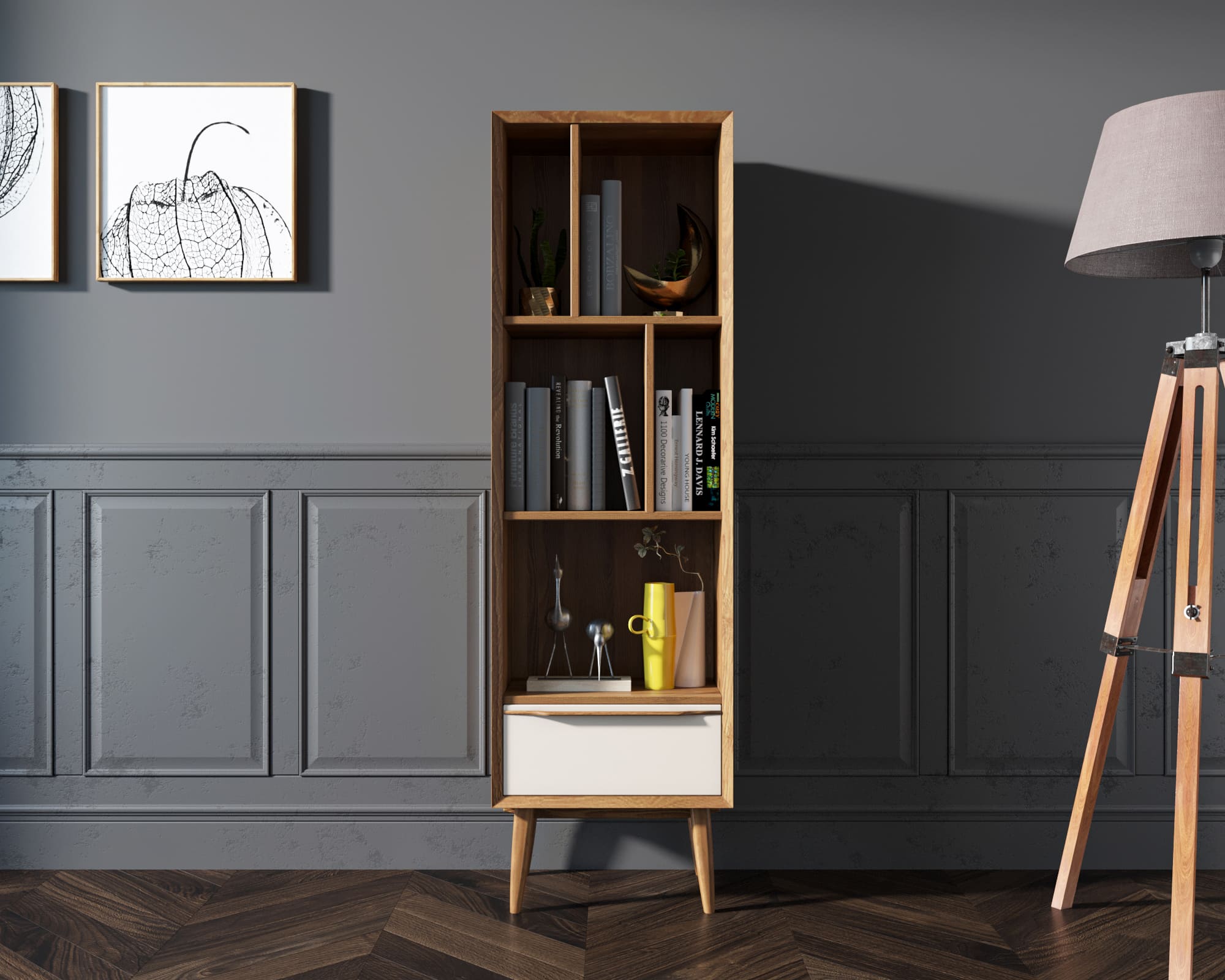 Узкий стеллаж с ящиком "Bruni white"