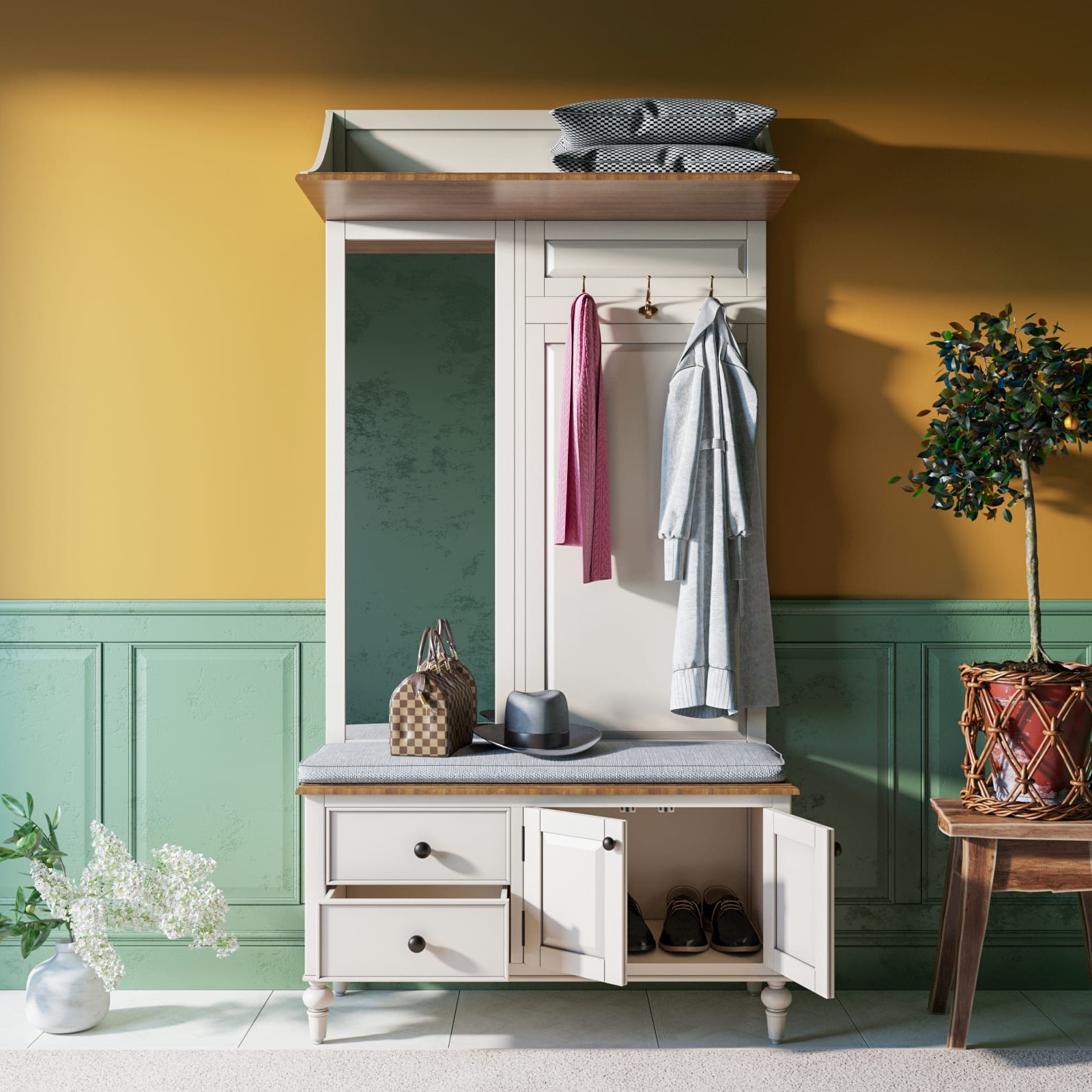 Белая прихожая с 2 ящиками "Odri" с полкой в стиле прованс