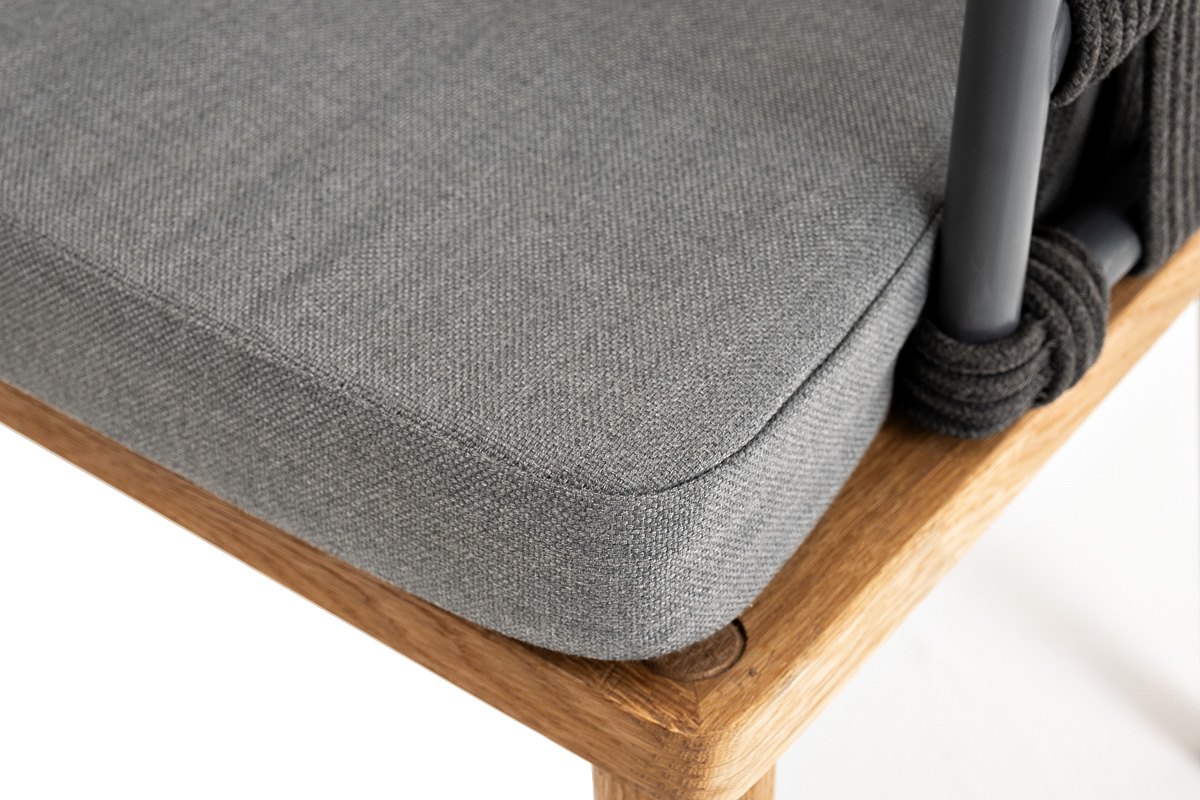 "Диого" стул плетеный из роупа, основание дуб, роуп темно-серый круглый, ткань серая