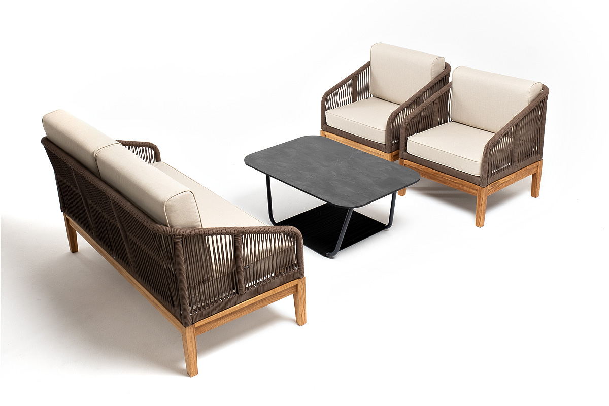 "Каннизо" лаунж-зона 4-местная из роупа со столом "Горнида" (серый гранит), основание дуб, роуп коричневый, ткань бежевая